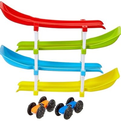 Amazon Brand – Jam & Honey | 4 Level Ramp Race Gift for Kids | 2 Cars with 4 Ramps and Race Track for 1, 2, 3 Toddlers, Boys & Girls Educational Vehicle with Figures